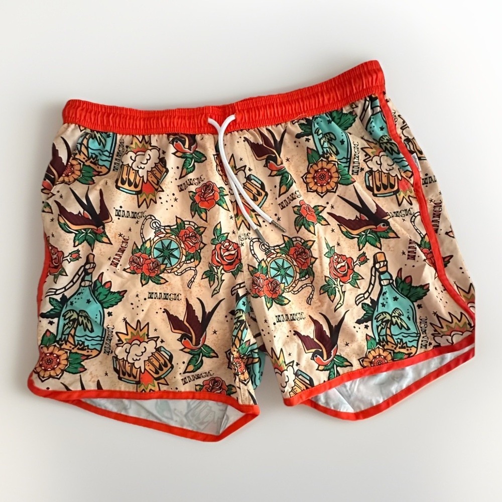 Maamgic Swim Trunks Mens L Tattoo Print Mesh Liner Quick Dry Swim Shorts 5.5"